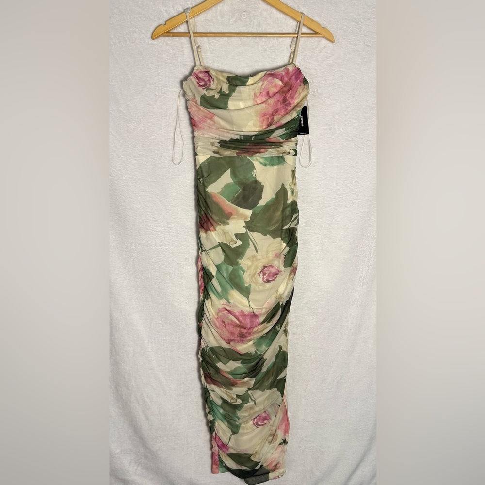 Express Multicolor Floral Ruched Fitted Dress